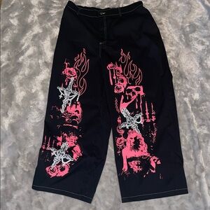 ROMWE Graphic Streetwear Pants – Pink Flame Rose Print | Gothic Y2K Alt Style XL